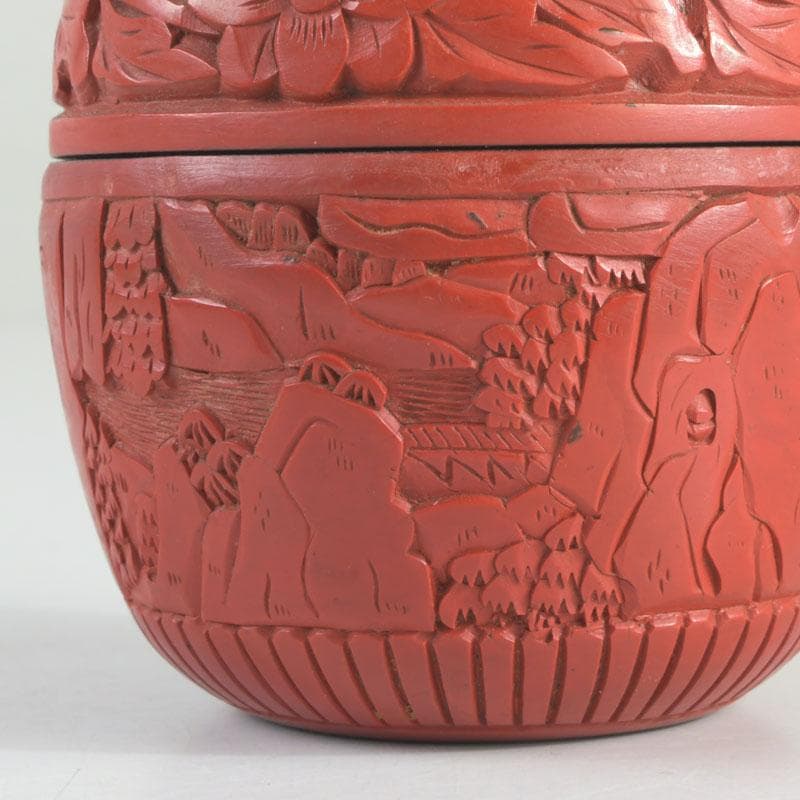 中国　剔紅　堆朱　花草山水刻　棗　時代箱　V　9767