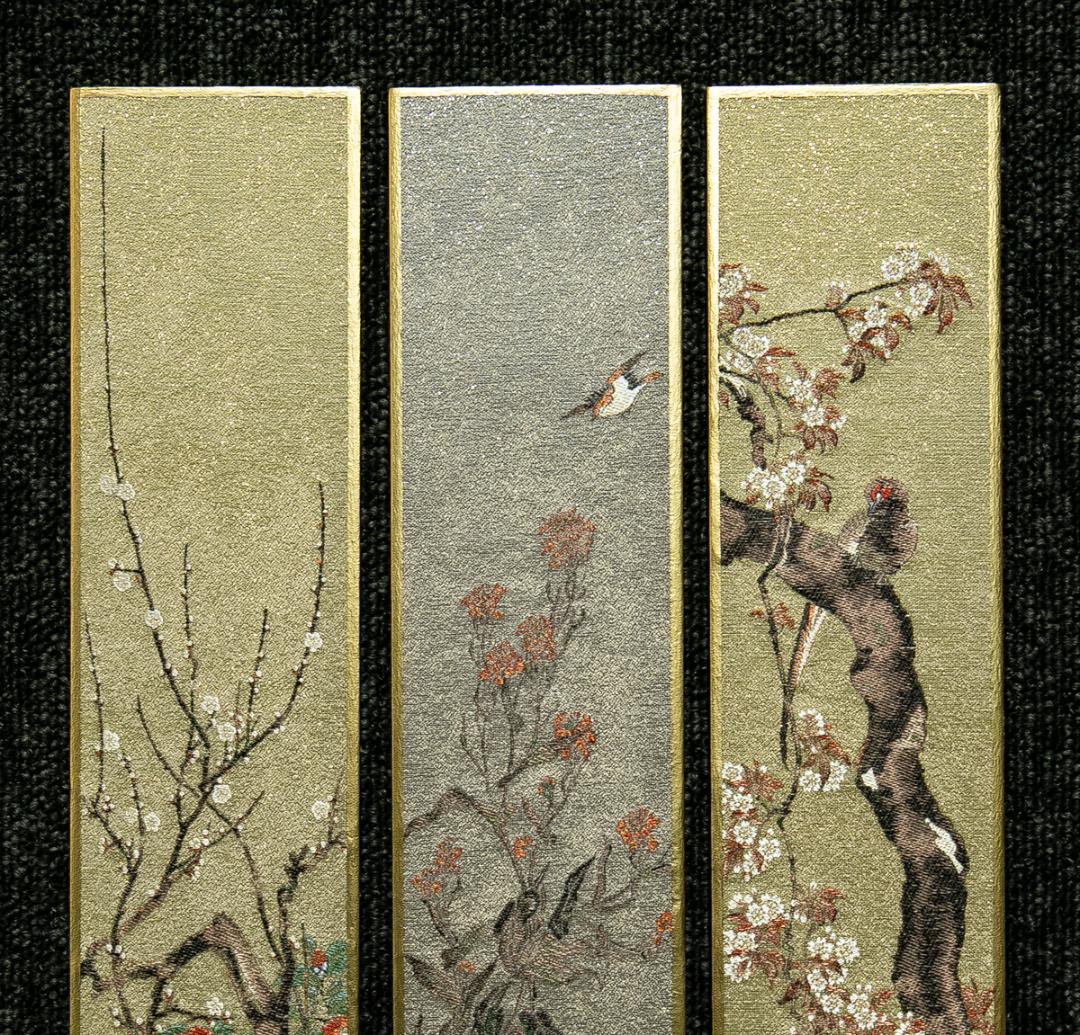 掛軸-1666　酒井抱一　花鳥十二ヶ月画帖　短冊　織物　西陣1800口織