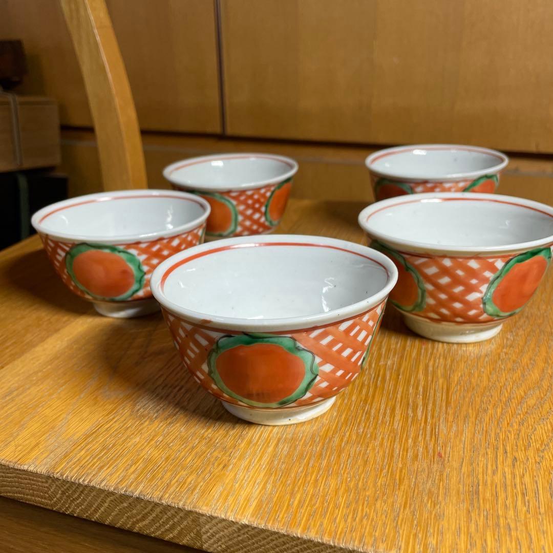 須田菁華　赤絵丸紋　煎茶碗　五客　箱なし