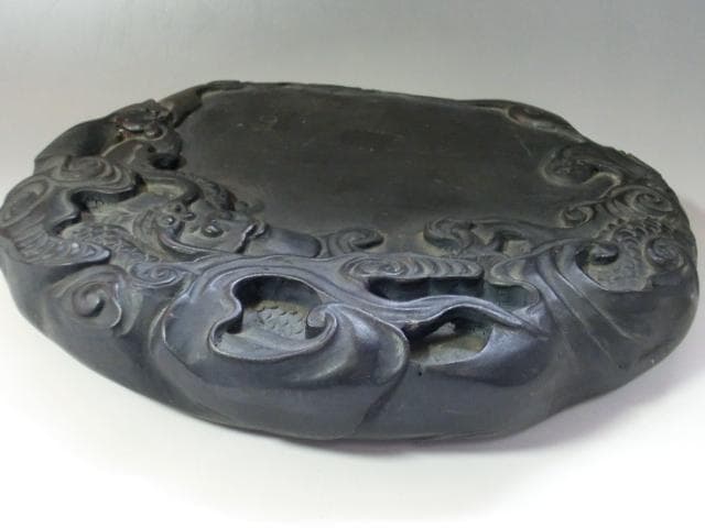 硯■龍彫り 大きいすずり石 雲竜 書道道具 大振り 上物 希少 古玩 唐物 骨董