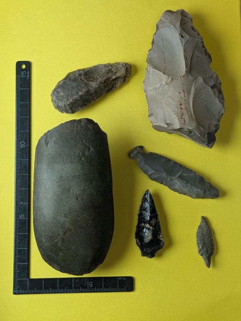 石器セット【出土品】石斧、石槍、石匙、石鏃 計 6点