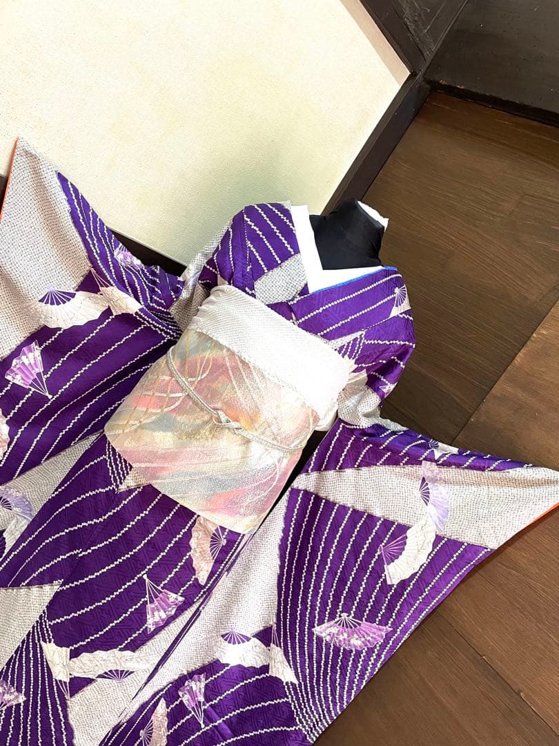 振袖フルセット6点サイズM〜Ｌ檜扇花文　鹿の子　金彩　正絹