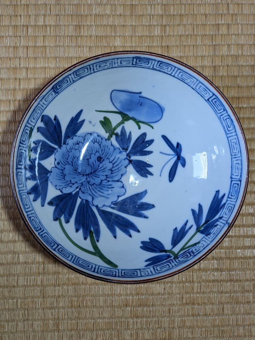 ♦明治時代 古伊万里 染付 蜻蛉 牡丹紋様 ７寸鉢アンティーク骨董品コレクション