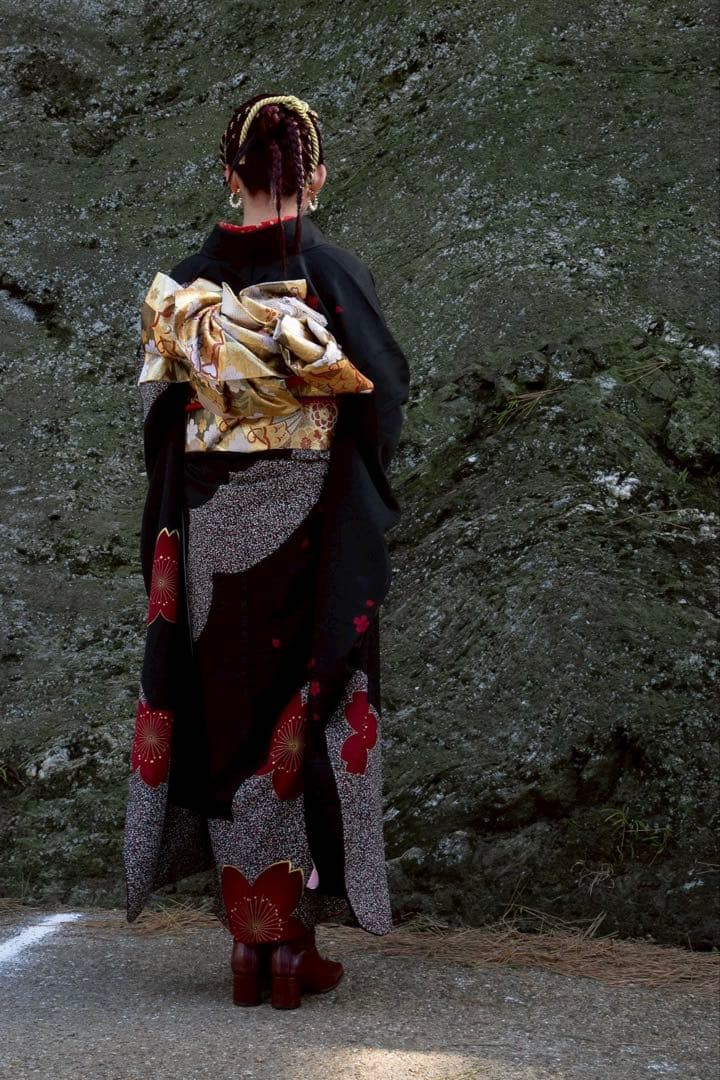 黒赤桜正絹振袖フルセット等 袋帯 帯締め 帯揚げ 半襟 重ね襟 成人式卒業式等