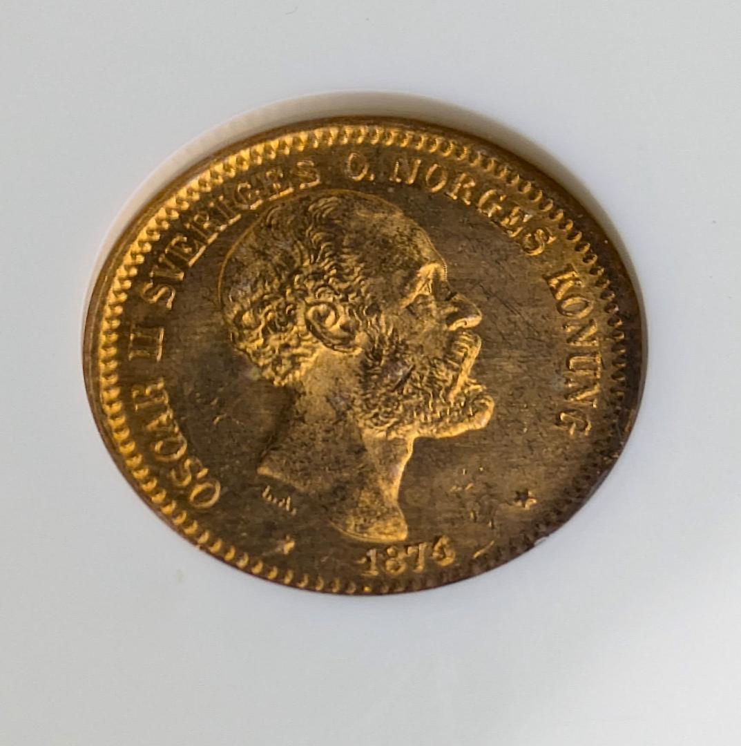 1874年 スウェーデン オスカル2 10クローネ金貨 NGC MS65 金上昇