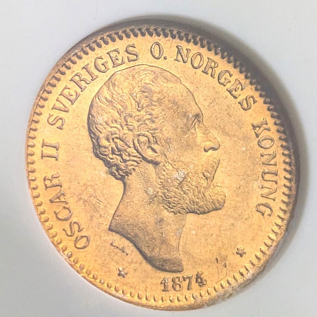 1874年 スウェーデン オスカル2 10クローネ金貨 NGC MS65 金上昇