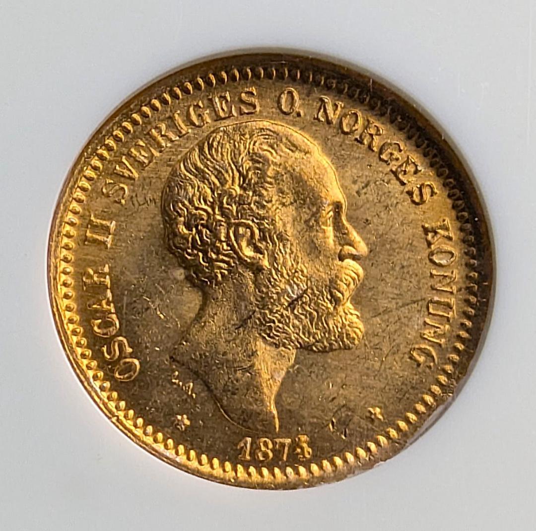 1874年 スウェーデン オスカル2 10クローネ金貨 NGC MS65 金上昇