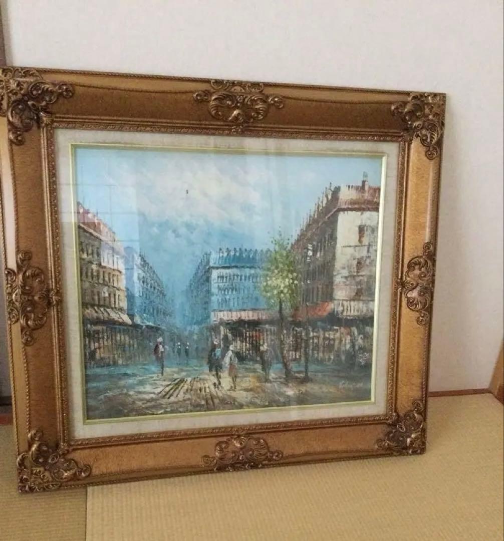 金縁フレームの油彩画 街の風景
