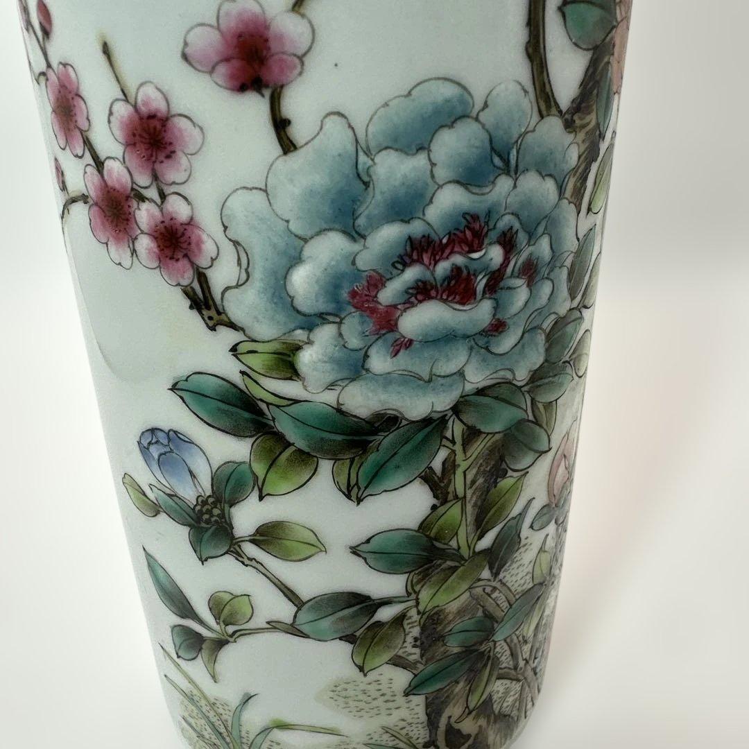 中国，景的鎮，花器，花瓶，花鳥装飾の円筒形陶器