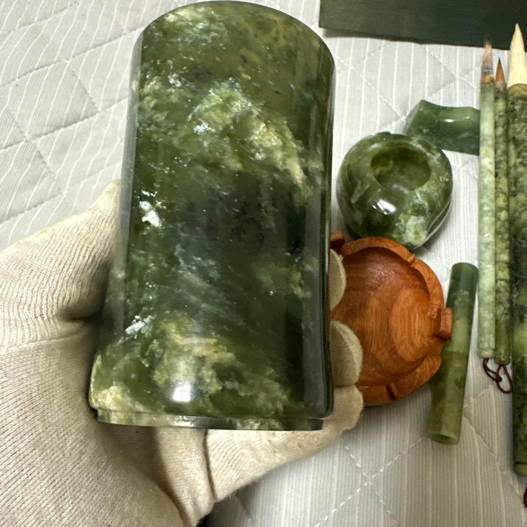 中国美術 和田碧玉 青玉筆 筆入れ 筆筒 書道具セット時代物　原箱付きまとめ