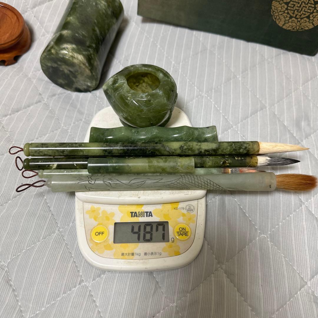 中国美術 和田碧玉 青玉筆 筆入れ 筆筒 書道具セット時代物　原箱付きまとめ