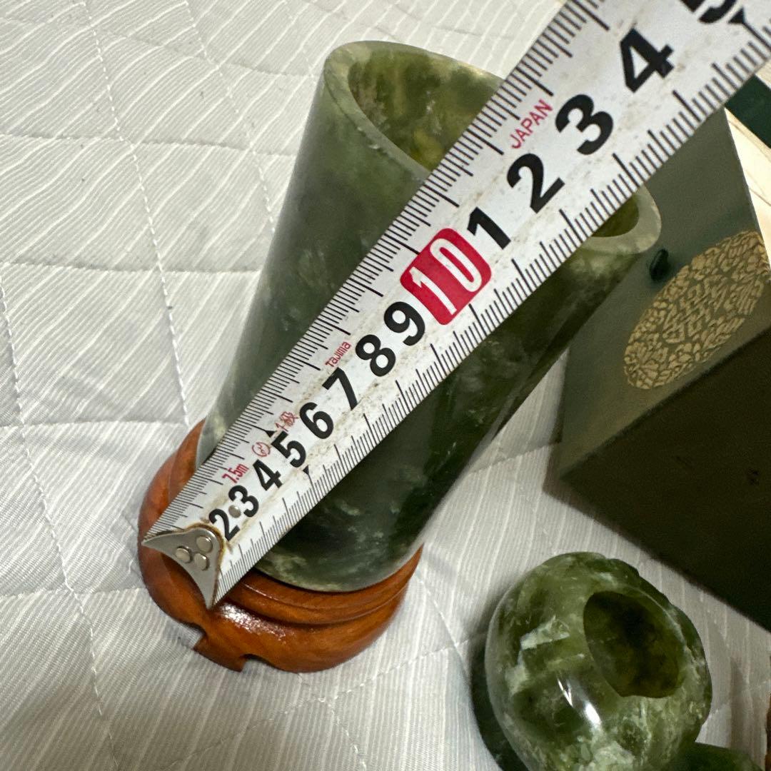 中国美術 和田碧玉 青玉筆 筆入れ 筆筒 書道具セット時代物　原箱付きまとめ