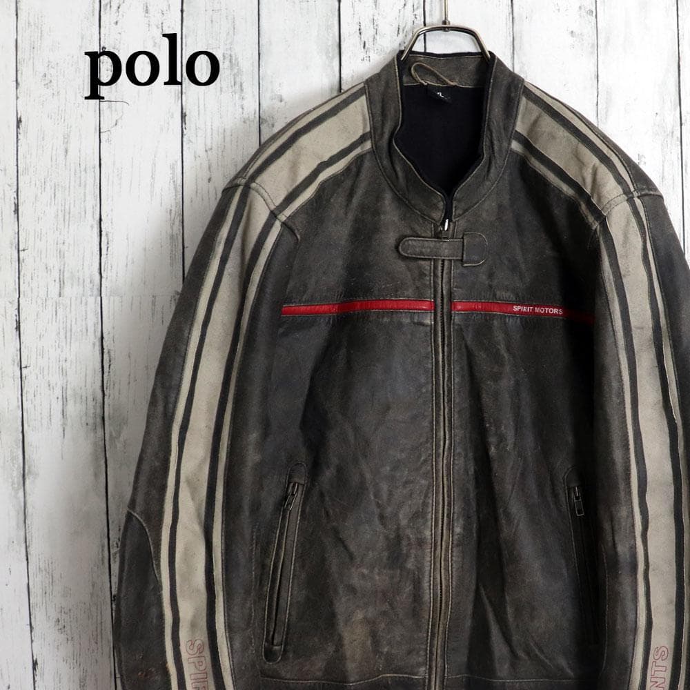 ユーロ古着 polo レーシングライダースジャケット アームロゴ バック刺繍本革