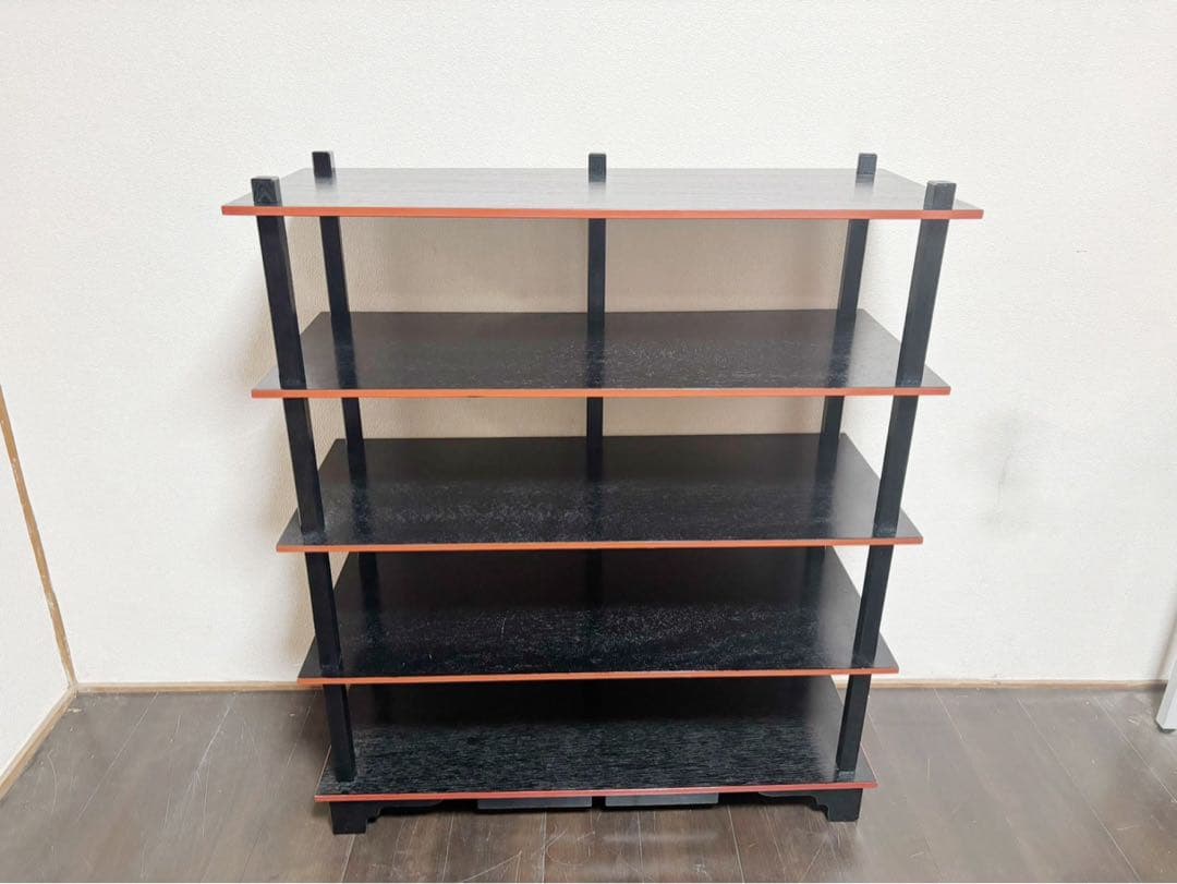 美品 懐石道具 五段 配膳棚 組立式 柿合塗 引出し付 木製爪紅 収納家具茶器