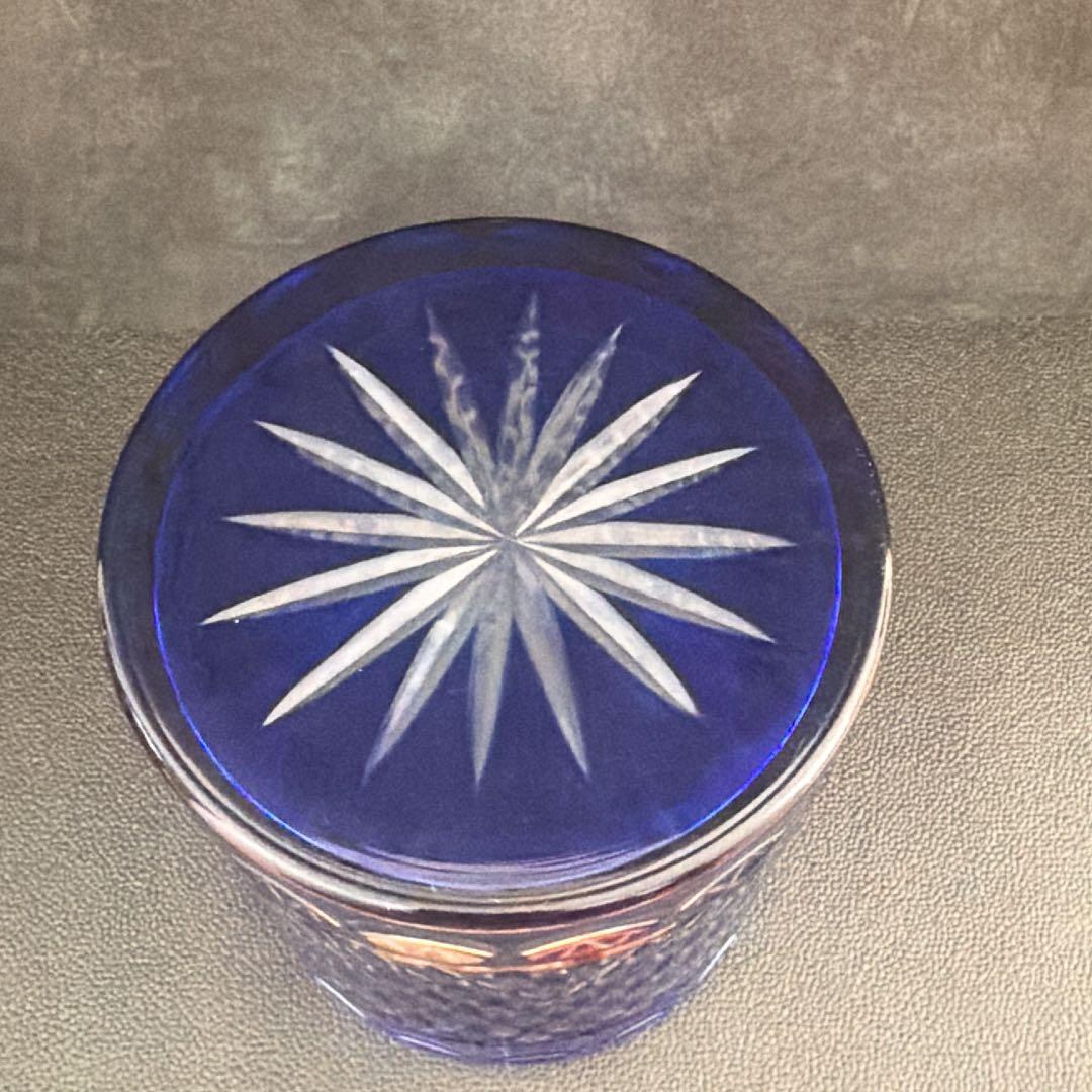 【美品】　江戸切子ガラス　瑠璃色 水指 / 茶道具 ふた、共箱付き　水差し