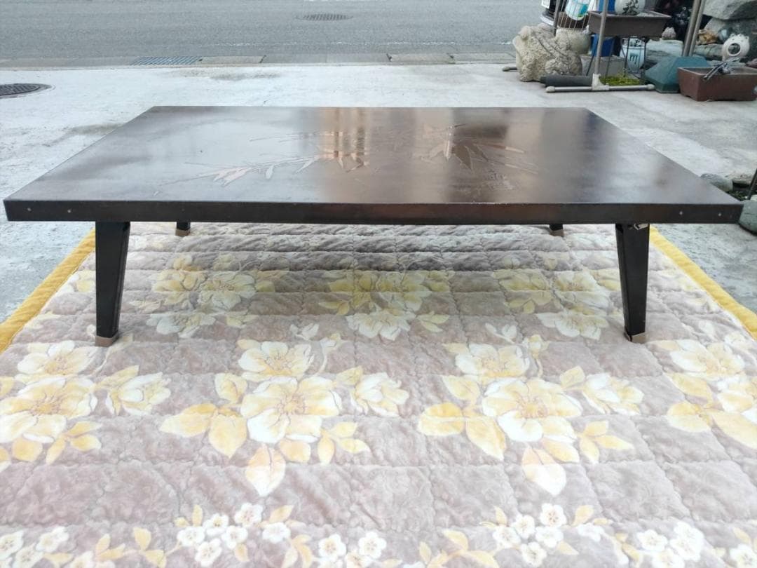 【時代物】竹林画☆彫刻板☆銅版張り☆折れ足 テーブル アンティークテーブル