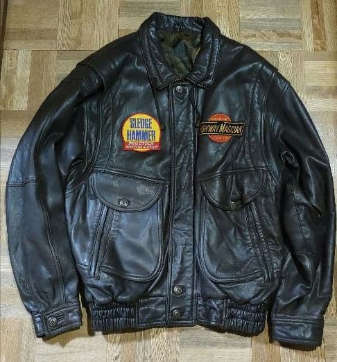 少し難あり　ラムレザーブルゾン　ダークブラウン　M　イエローコーンワッペン