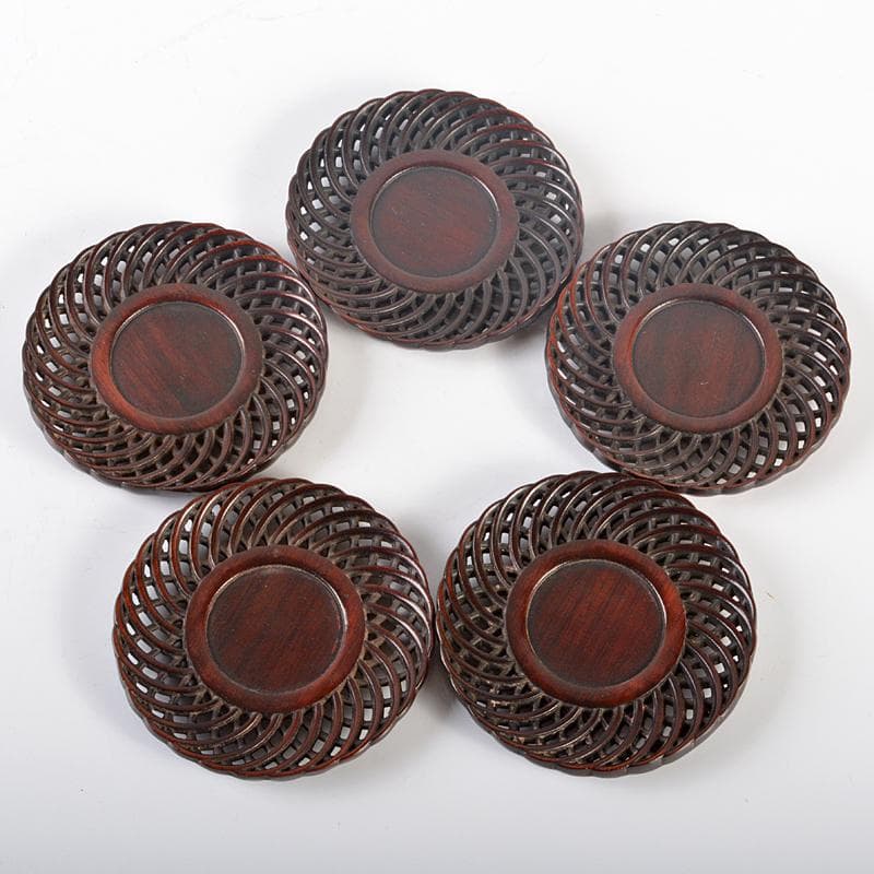 中国　唐木紫檀製　透かし彫り　茶托　五客　V　R6533E