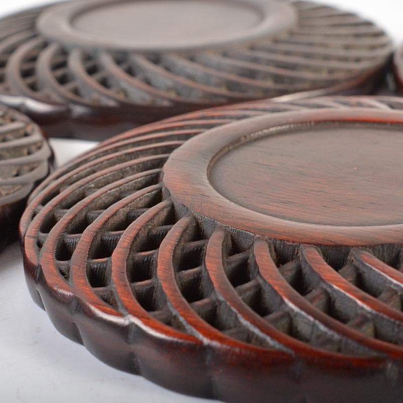 中国　唐木紫檀製　透かし彫り　茶托　五客　V　R6533E