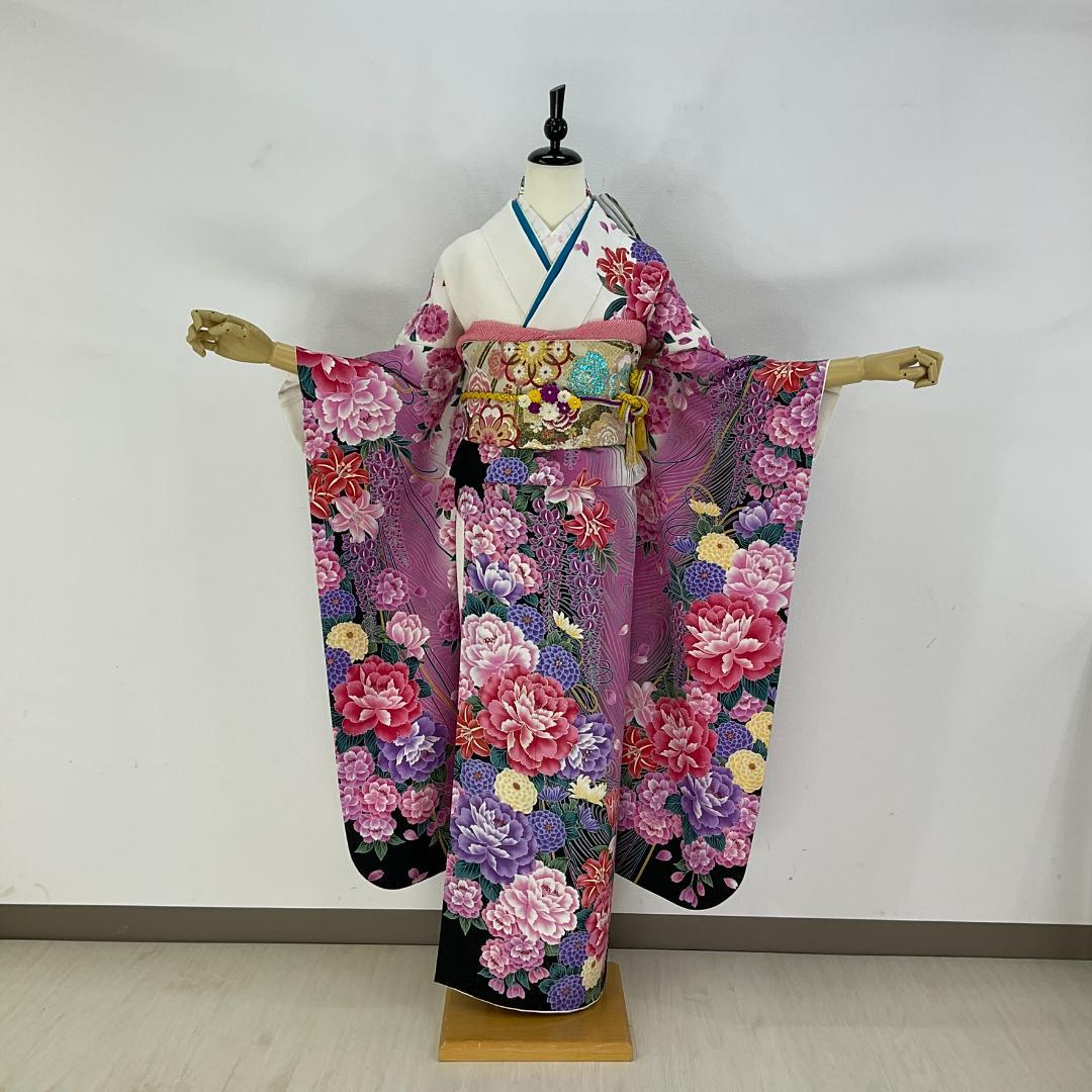 お振袖　単品　お仕立て上り品　白×紅紫　玉　正絹　美品　成人式　袴スタイルにも