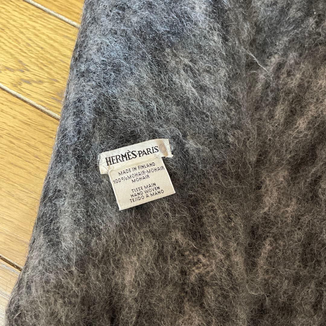 HERMES モヘアマフラー グレー系 フリンジ付き　ユニセックス