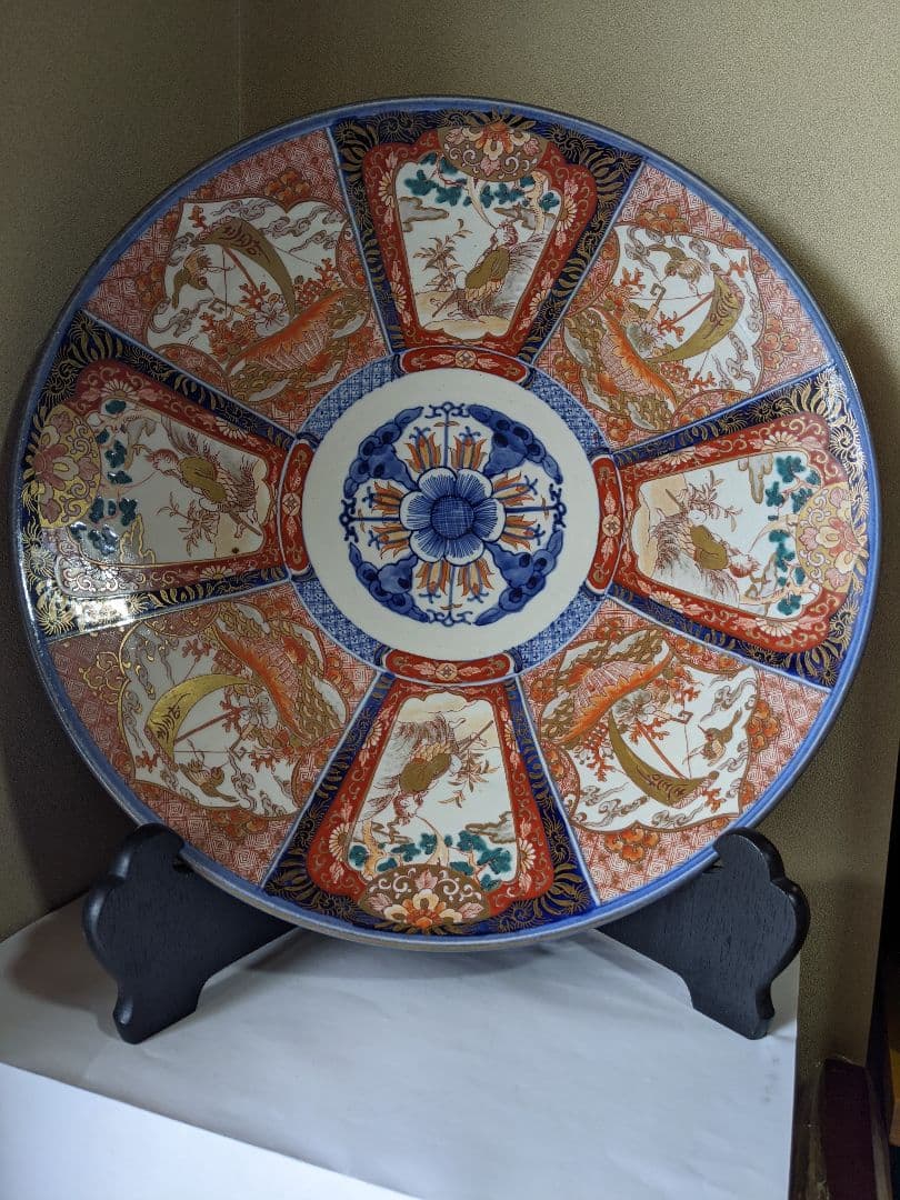 ♦江戸時代 古伊万里 染付 金襴手八窓宝船文大皿 コレクション骨董品アンティーク