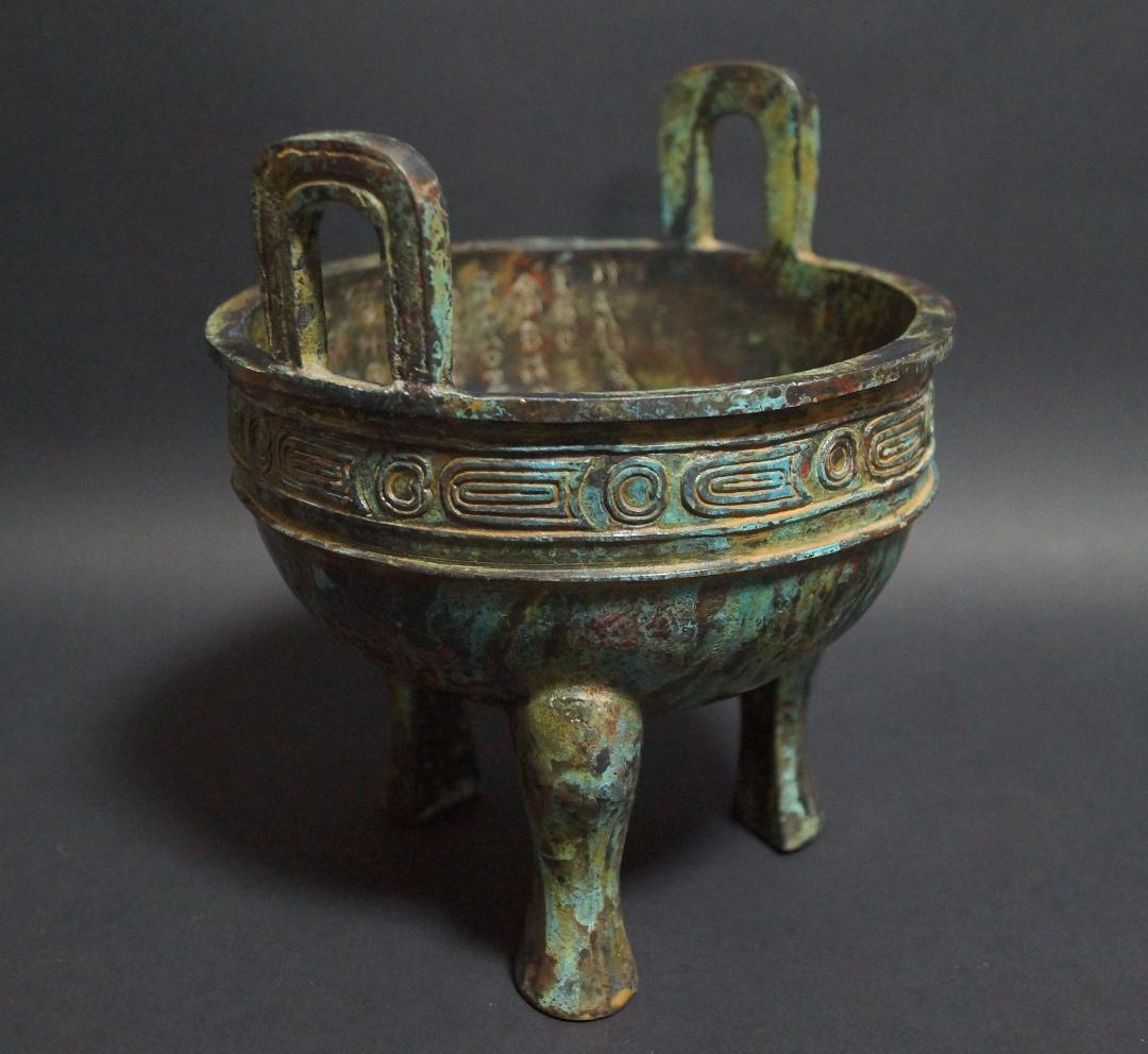 時代青銅製 金工細工 西周鼎 大型香炉 銘文入 置物 オブジェ 古美術 茶道具★