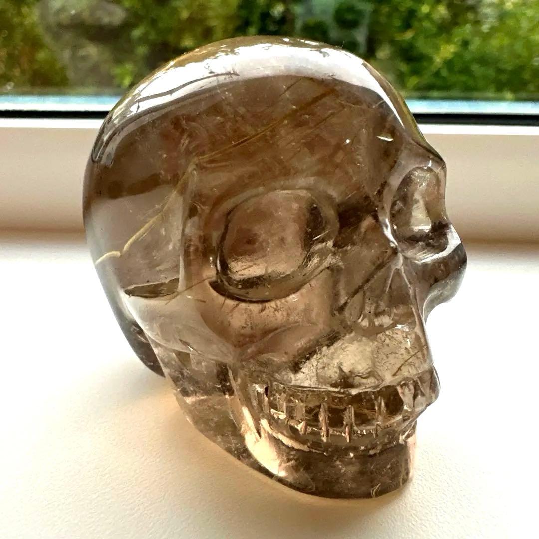 スモーキー　ルチル　スカル　146.8g ゴールデンルチル　金運