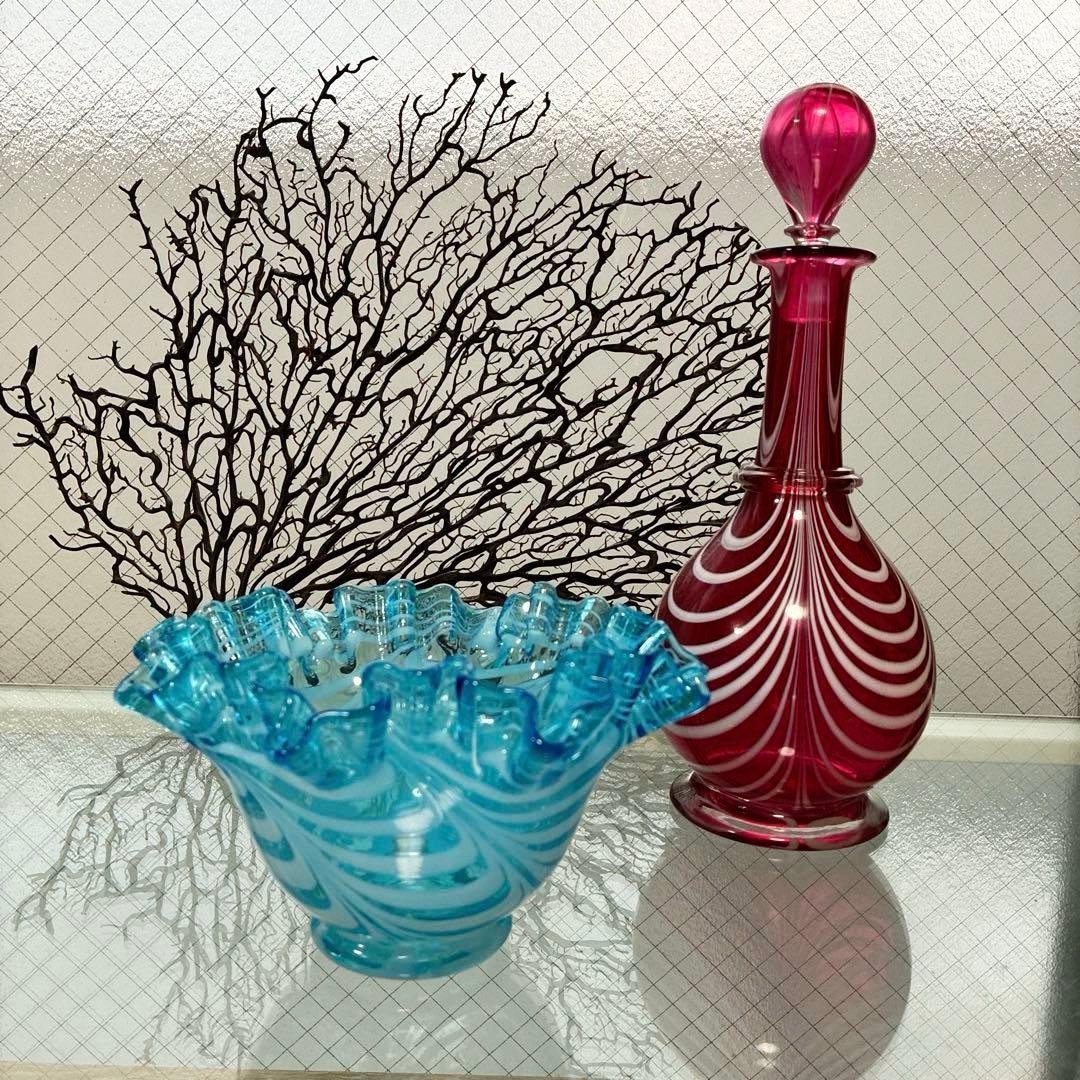 骨董　時代ガラス　希少　電笠フリル　掻き揚げ紋　　水色ガラス　菓子鉢　ウラン１客