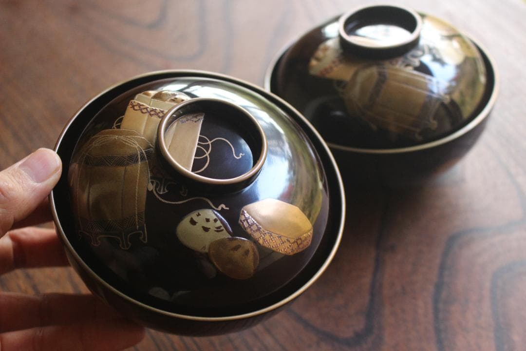 時代逸品！時代金縁黒漆に極上貝桶蒔絵の映えるお椀2点（検検京塗輪島塗蒔絵椀