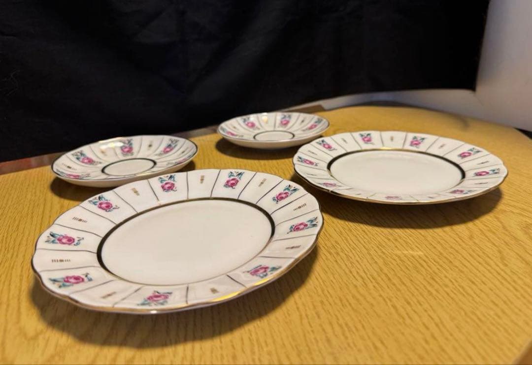 アンティーク　ソビエト　ロモノーソフ　ピンク花柄カップ＆ソーサーとケーキ皿　6点