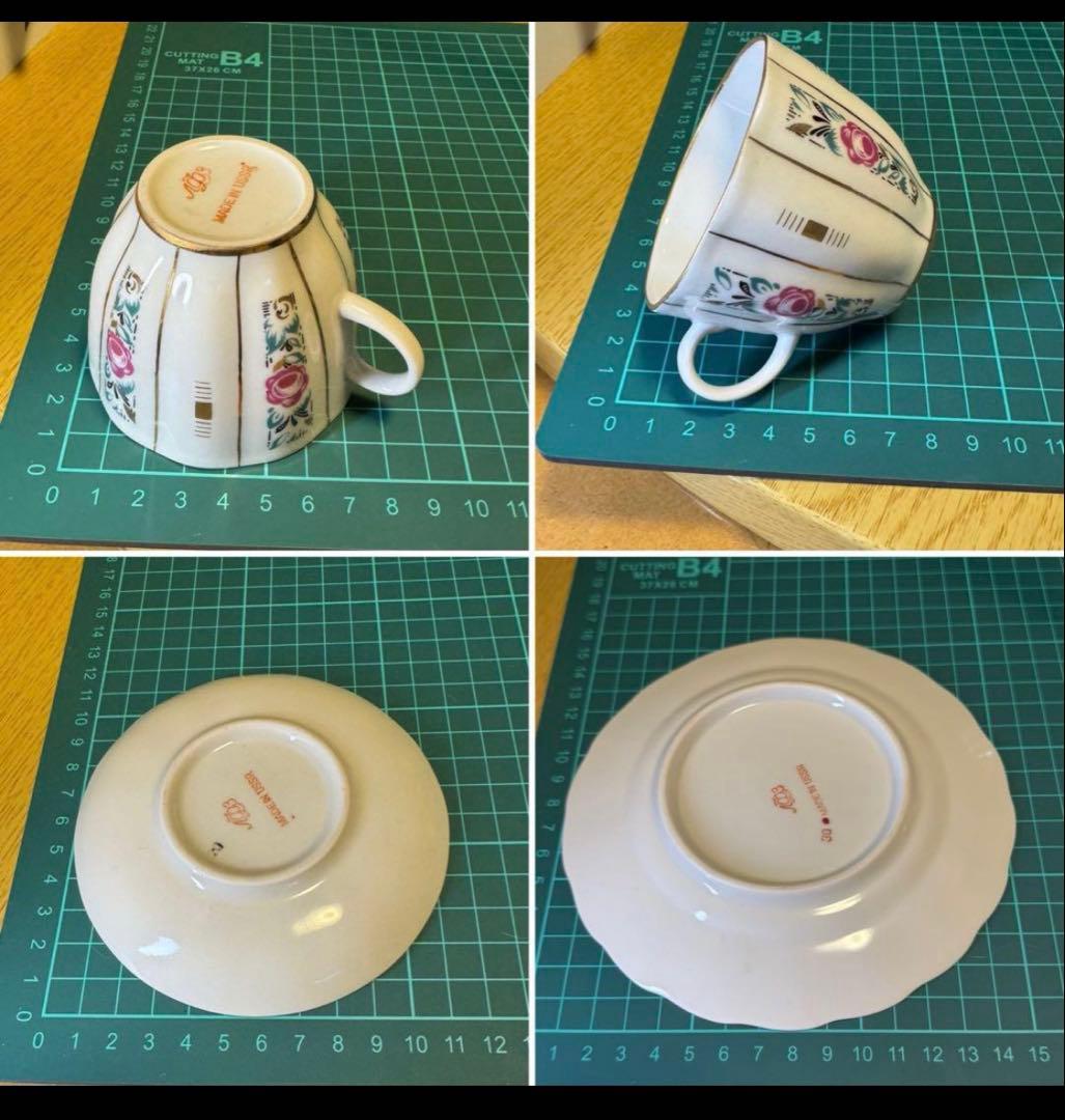 アンティーク　ソビエト　ロモノーソフ　ピンク花柄カップ＆ソーサーとケーキ皿　6点