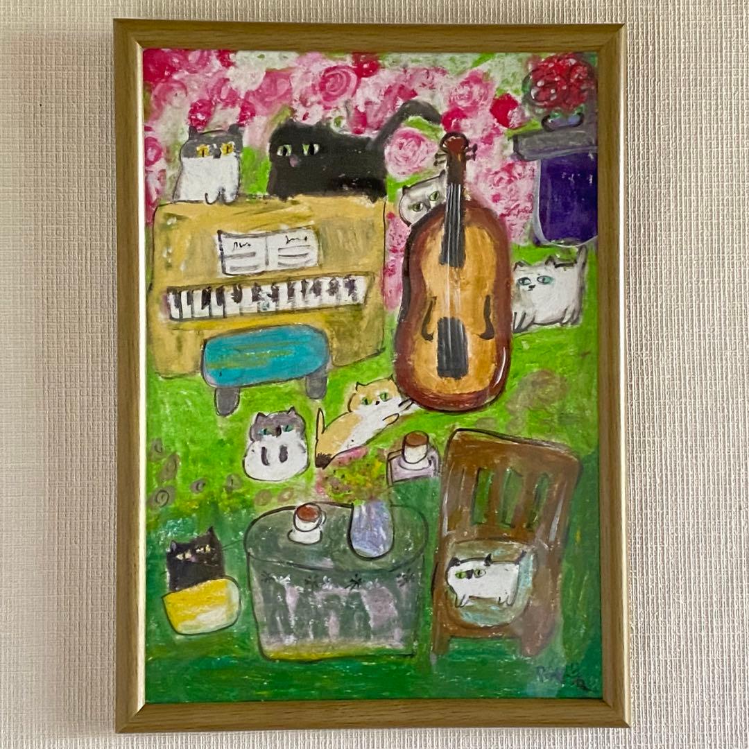 絵画。壁掛け絵原画手描き【猫たちは花が咲いた庭で演奏会を開く】