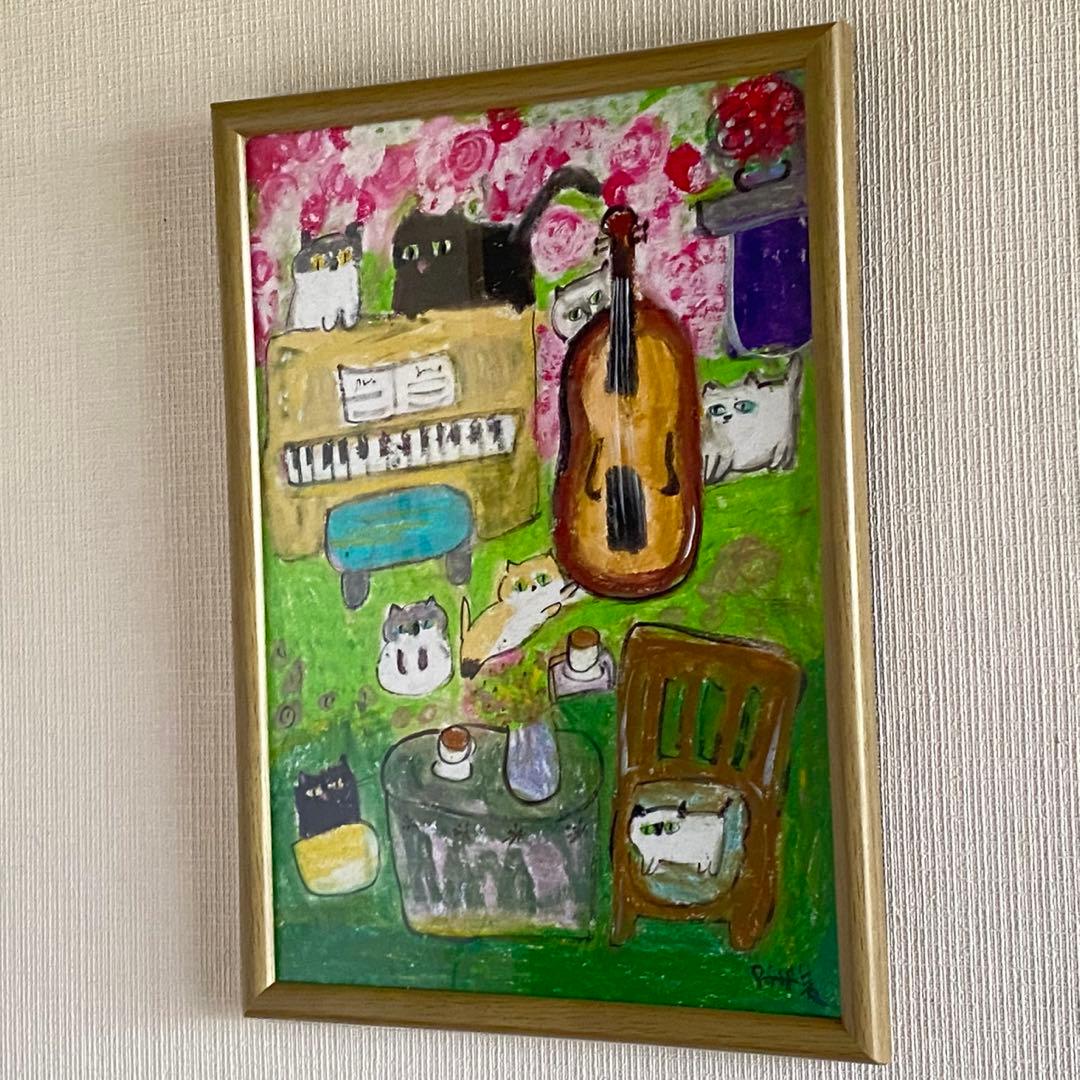 絵画。壁掛け絵原画手描き【猫たちは花が咲いた庭で演奏会を開く】