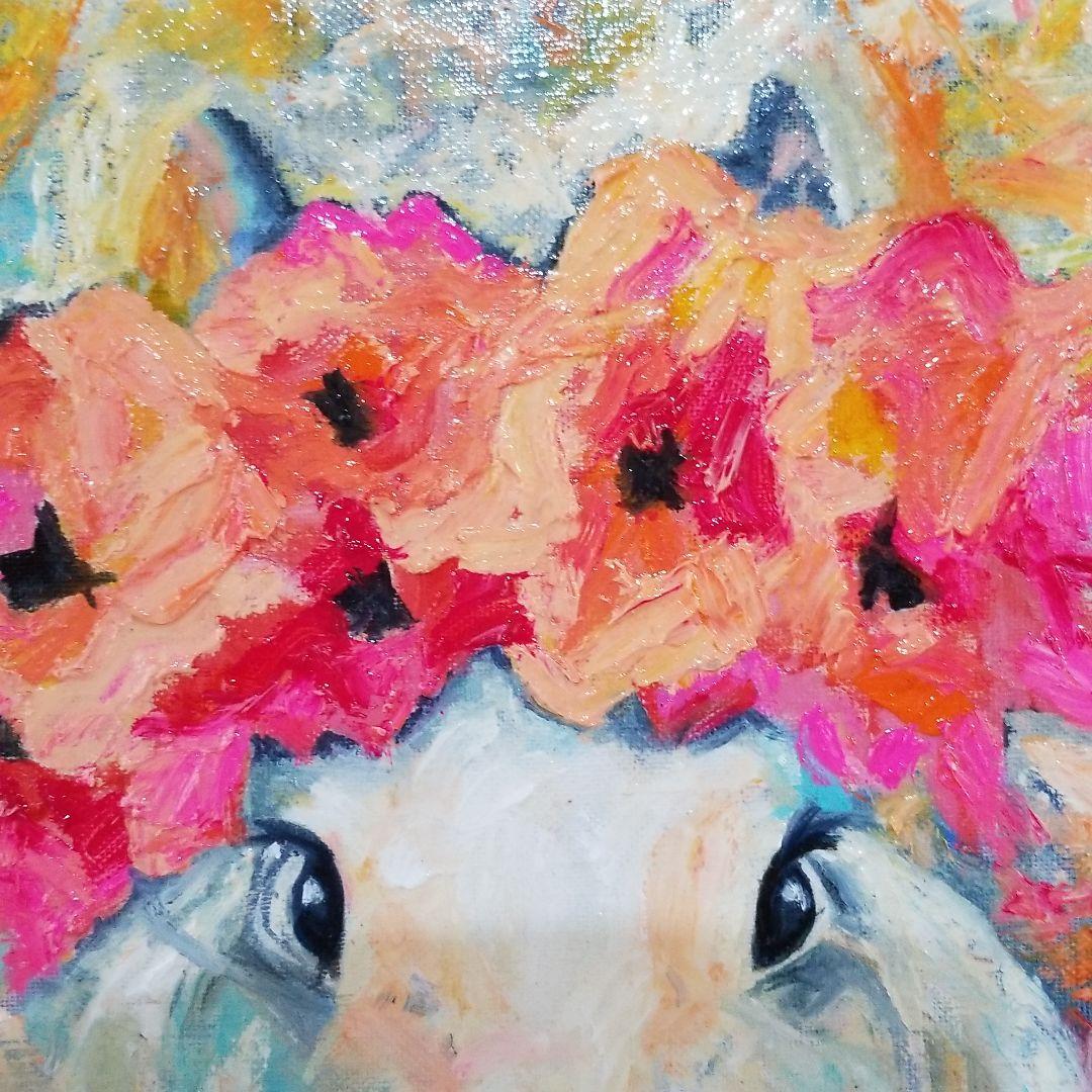 油絵　専用　素焼きのポットに入った花冠のうさぎ