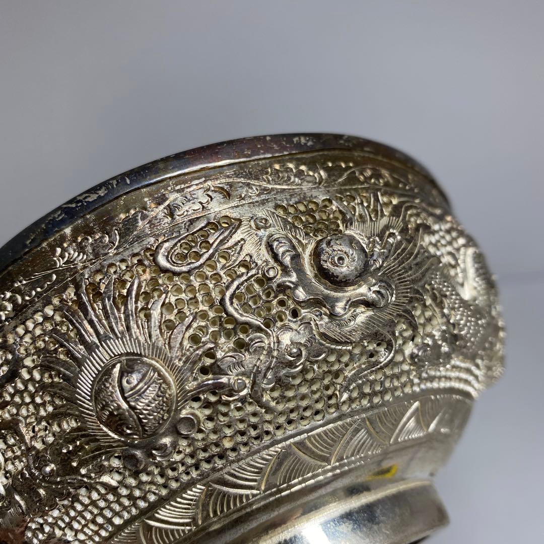 中国古玩　龍銀細工茶碗　2客　直径11.3㎝　521gタサオ　東な8-0104③