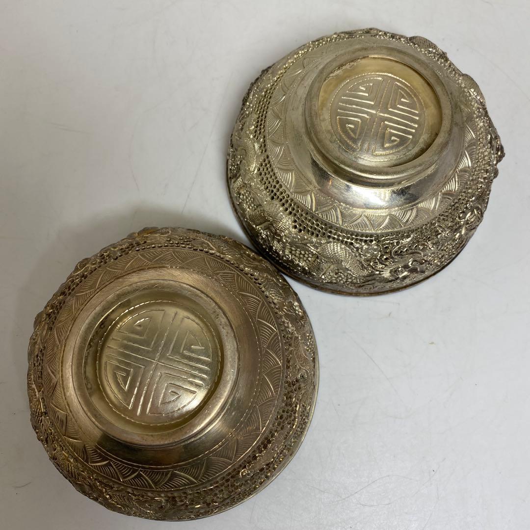 中国古玩　龍銀細工茶碗　2客　直径11.3㎝　521gタサオ　東な8-0104③