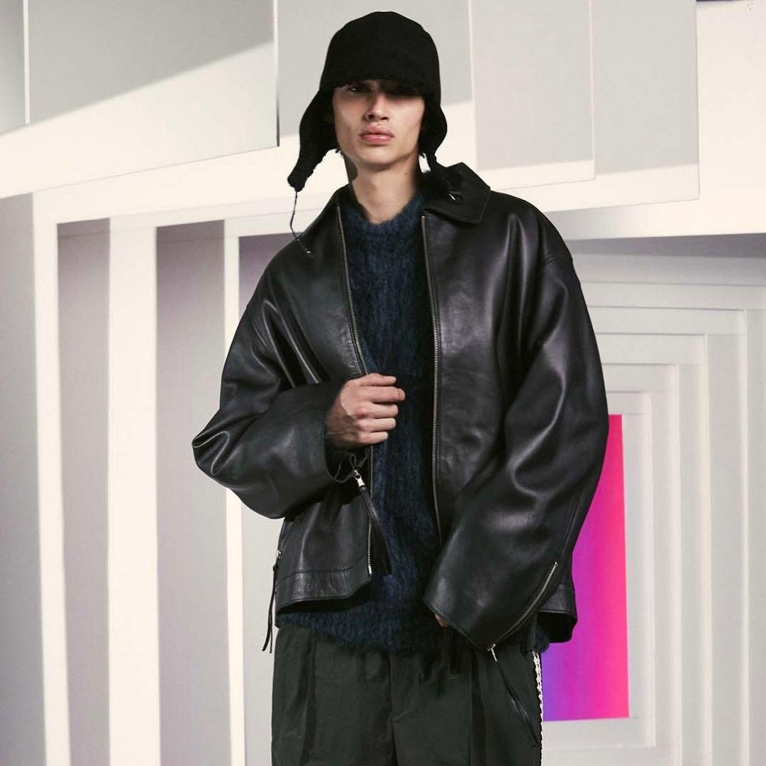 メゾンスペシャル ラムレザープライムオーバー襟付きシングルライダースジャケット