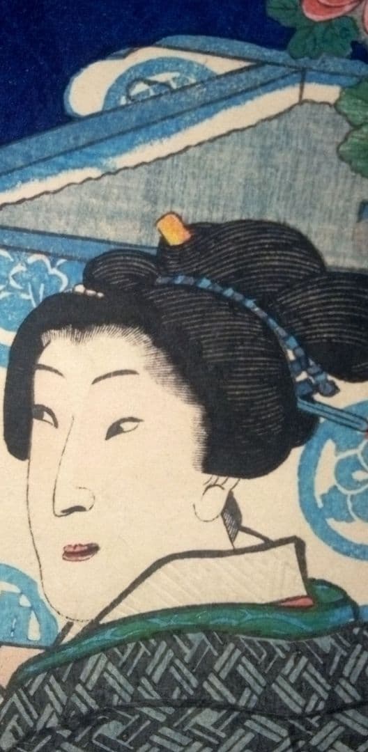 浮世絵、美人合十二月内月見月9月、葉月8月の二枚売り二枚繋がってます。三代豊国画