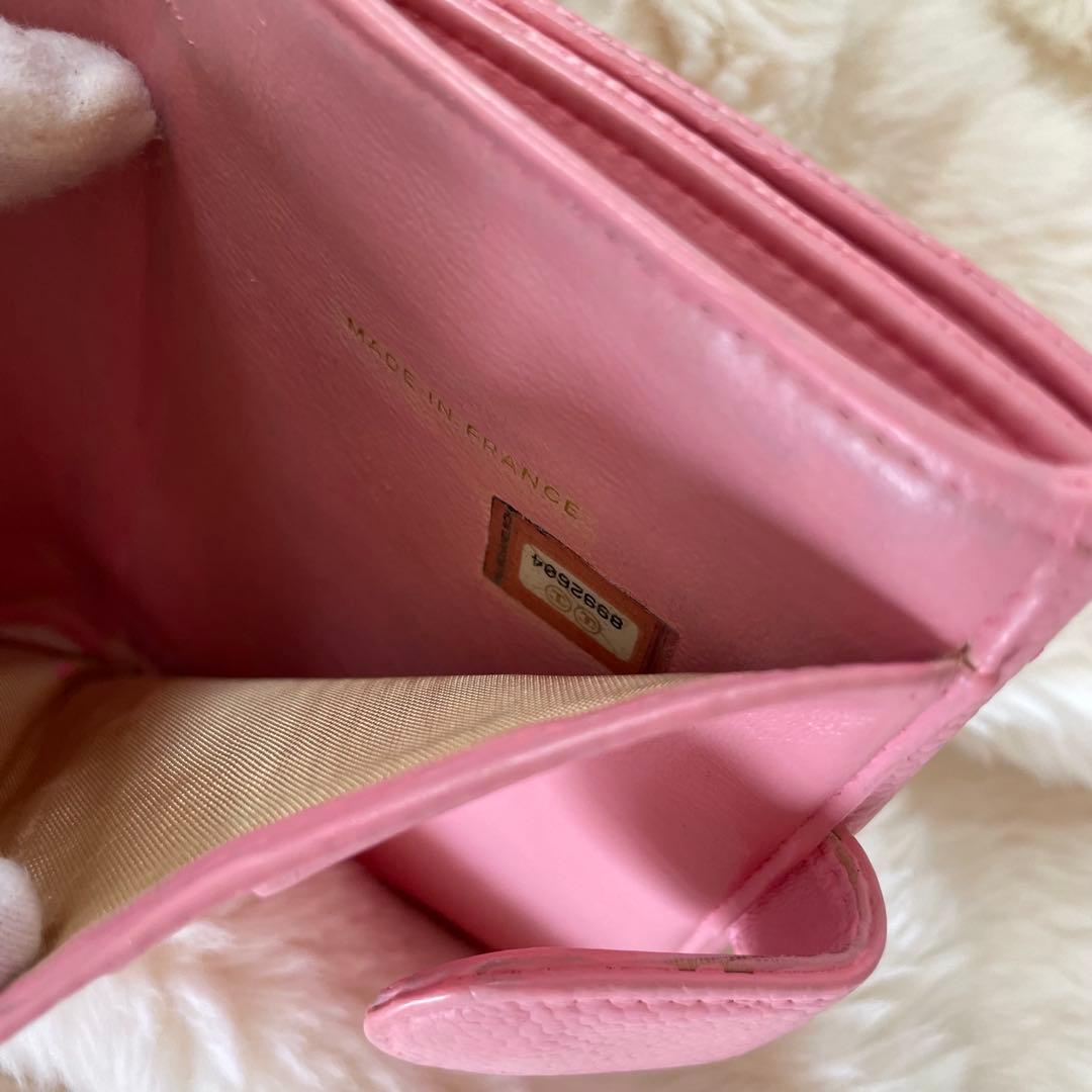 シャネル CHANEL 財布 二つ折りピンク キャビア ココマーク 正規品