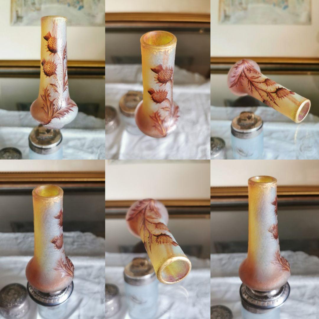 アンティークドームナンシー 薊紋花瓶 オパルセント被ガラスエナメル金彩 彫銀台付