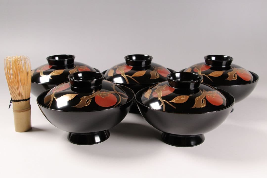 CK72 漆芸 木製漆器 輪島塗 柿蒔絵 黒塗御吸物椀 五客 / 秋 果物