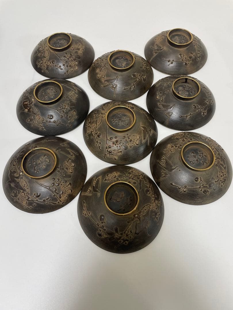 明治 大正期 会津塗 鉄錆塗 蒔絵 富士山 松 梅 木製 蓋付き お椀 内朱 ②