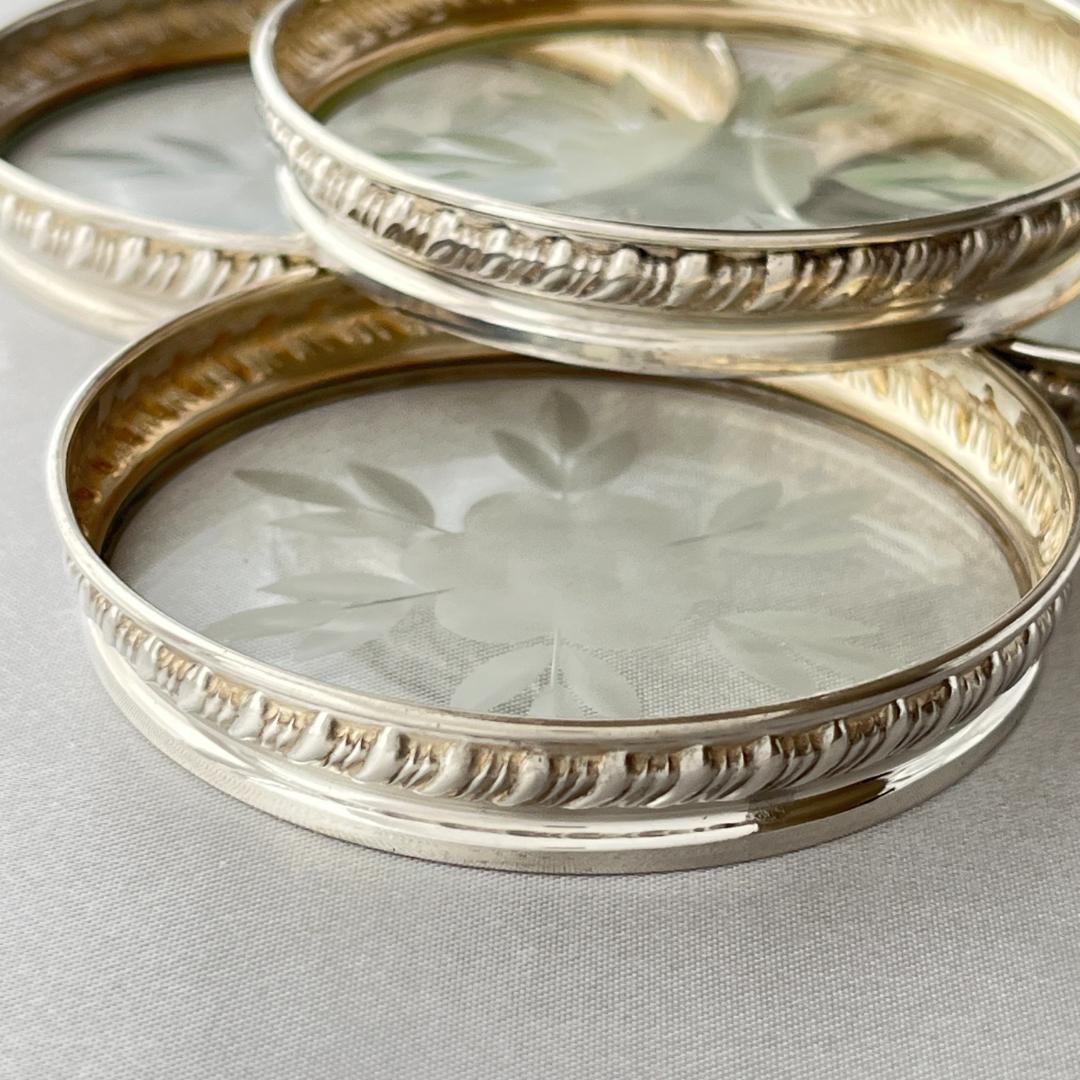 【純銀 / ガラス】ワイングラスコースター 4枚 スターリングシルバー (1)