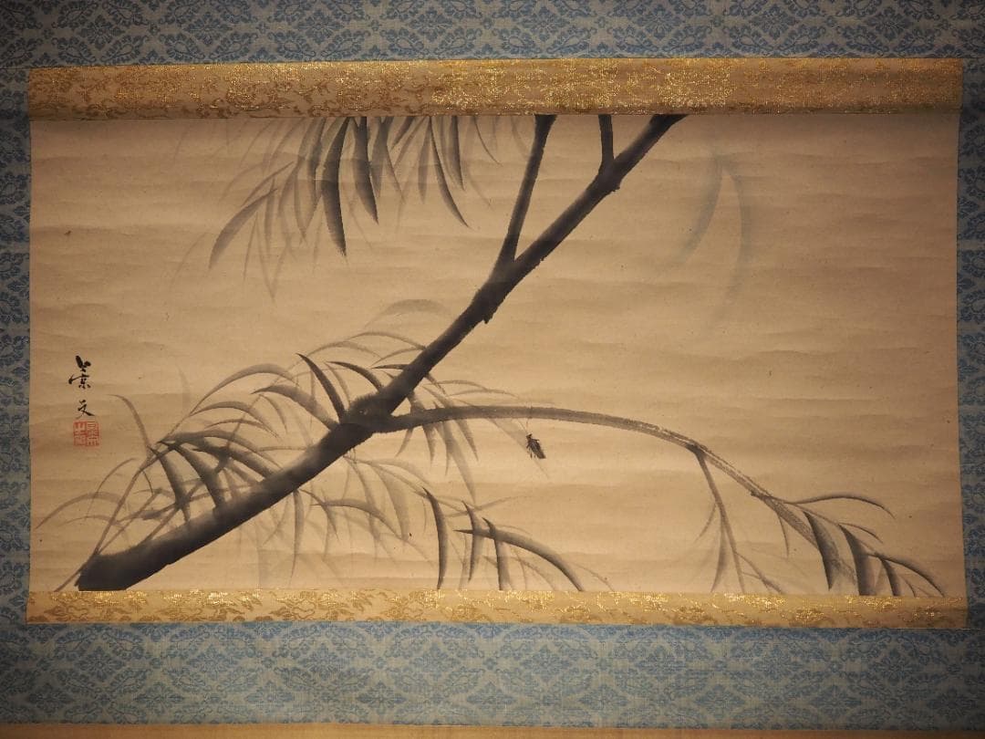 松村景文自筆『柳に蛍之図』掛軸　江戸後期