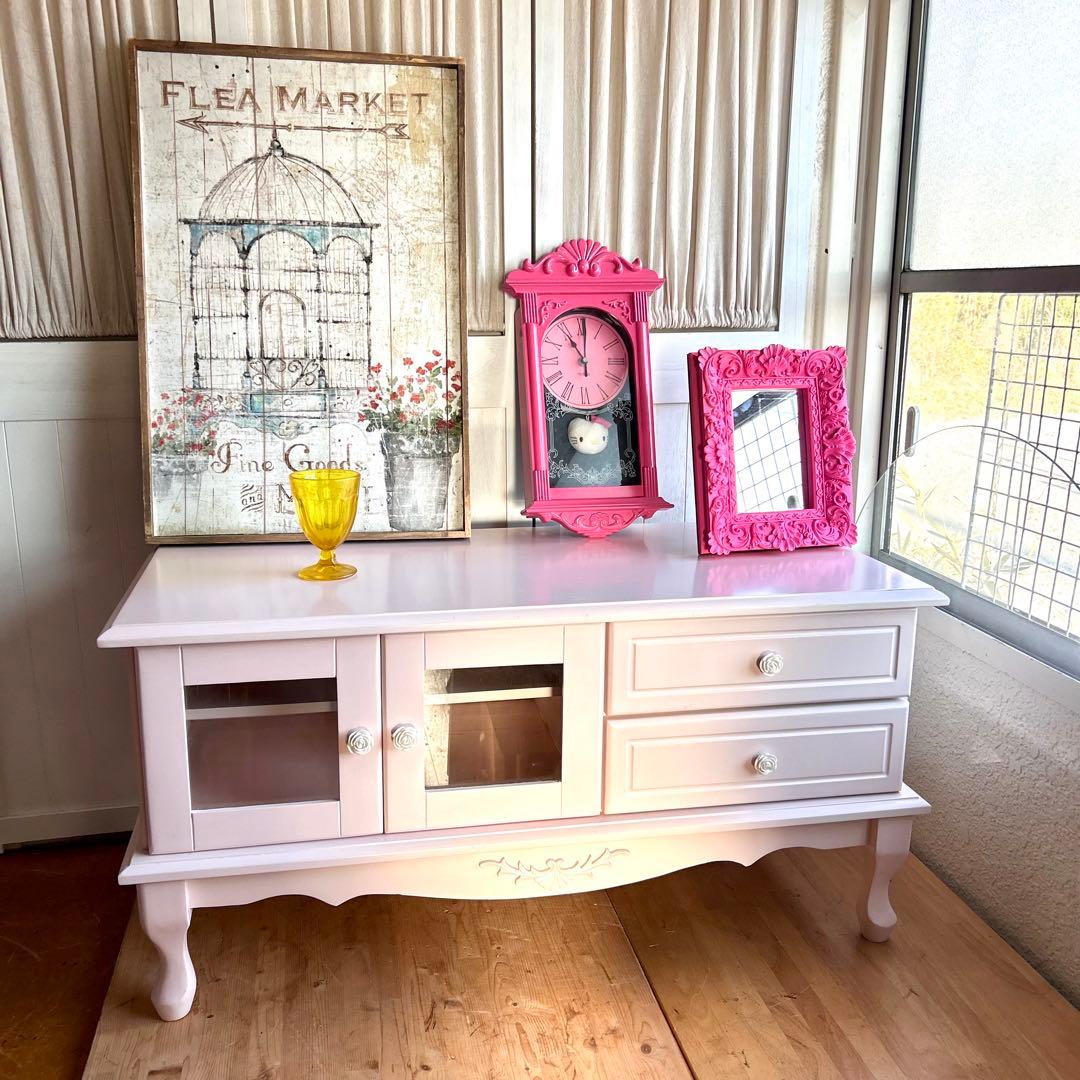ピンクのテレビボード　フェミニン プリンセス系 幅90cm ロココ調　テレビ台