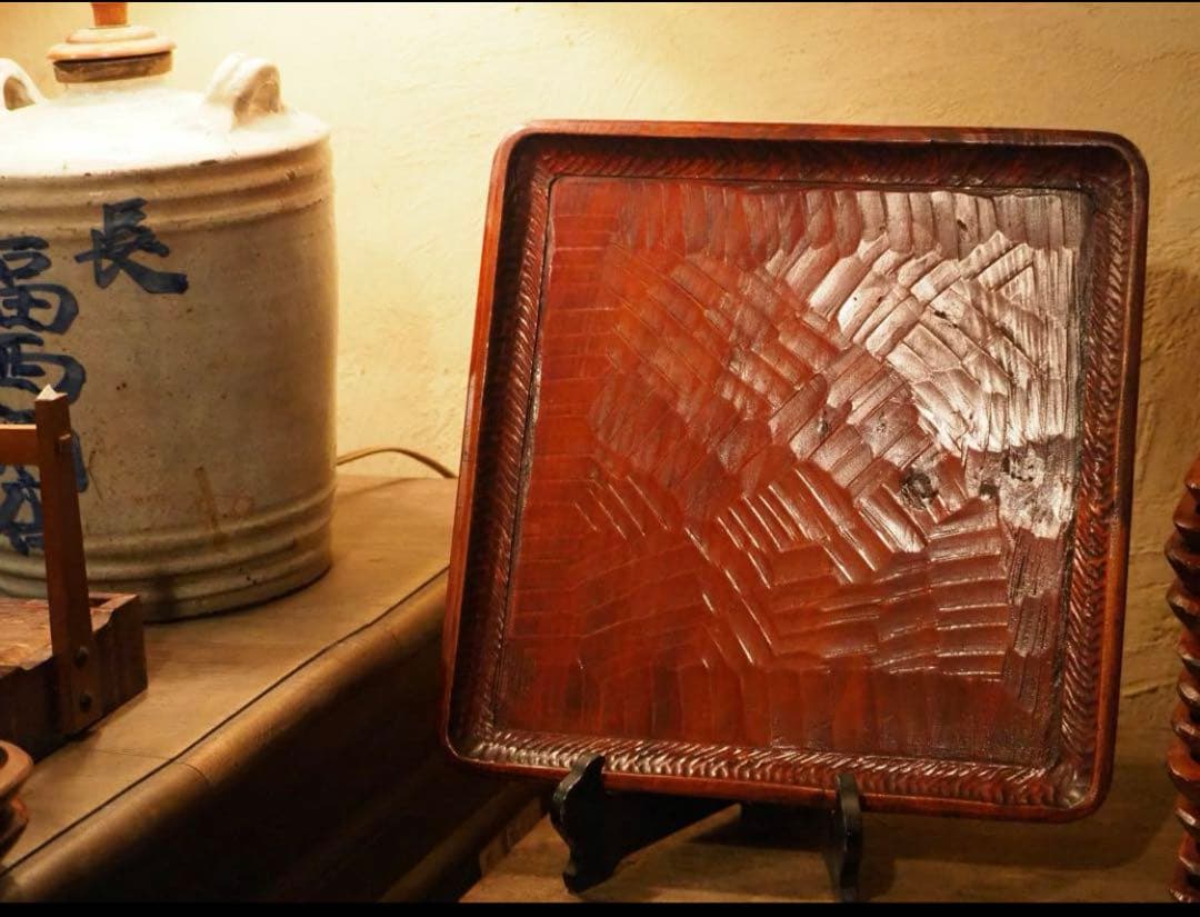 讃岐盆　超美品　木製彫刻模様入り　正方形　お盆　トレー　５枚セット