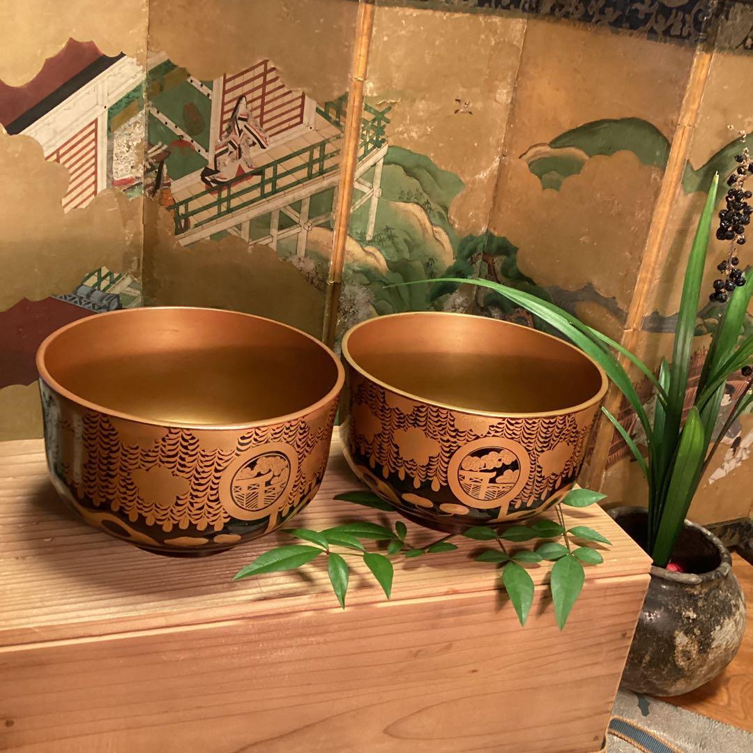 Ａ913 木製輪島塗　枝垂桜蒔絵　時代物　盃洗　1対　（合わせ箱付）