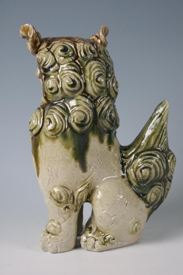 人間国宝一門　金城敏徳 作　緑釉立シーサー（大）1対