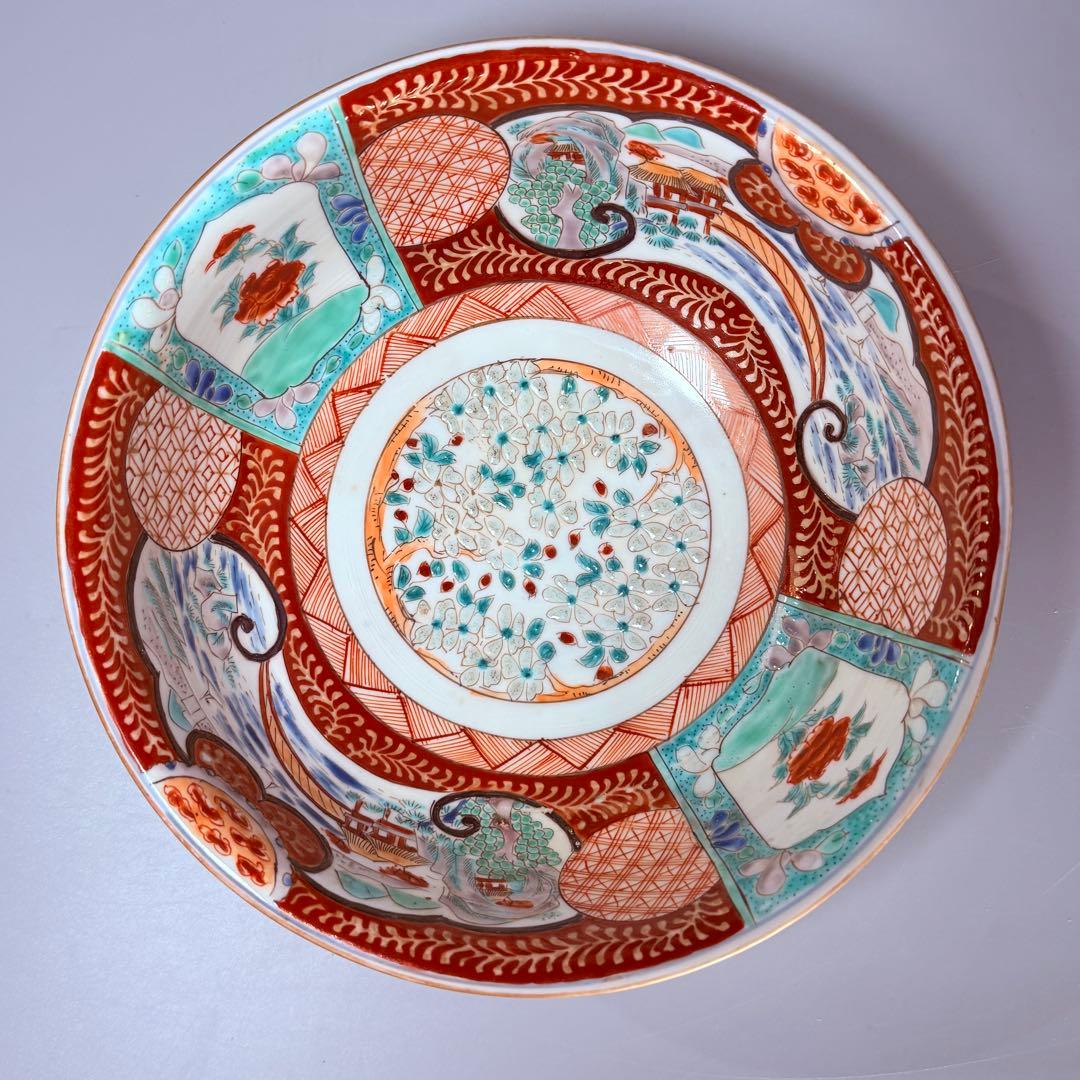 幕末～明治期　豪商所蔵品　赤絵丸紋大丼　二点揃い　コウモリ文　名品　古美術